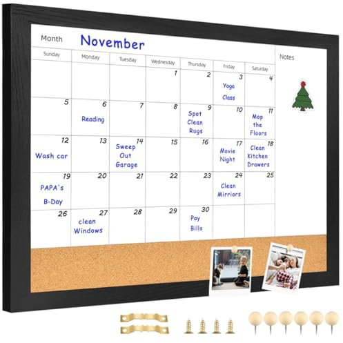 Umtiti Calendrier mensuel effaçable à sec et tableau d'affichage en liège, 33x43.2 cm, tableau blanc à surface magnétique. Parfait pour organiser votre espace. Tableau blanc + liège,3343B-BK
