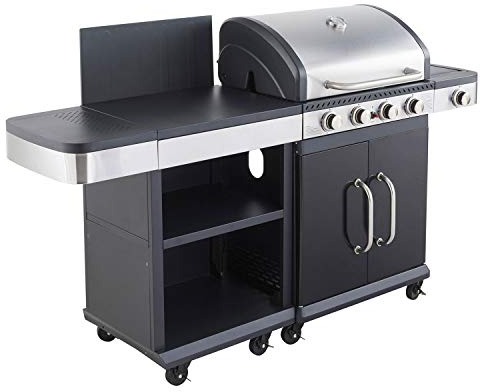 Cook’in Garden - Cuisine Extérieure Modulable FIDGI 4, Barbecue au Gaz, 4 Brûleurs avec Thermomètre, Meuble d’Appoint Desserte, Structure Métal, Noir