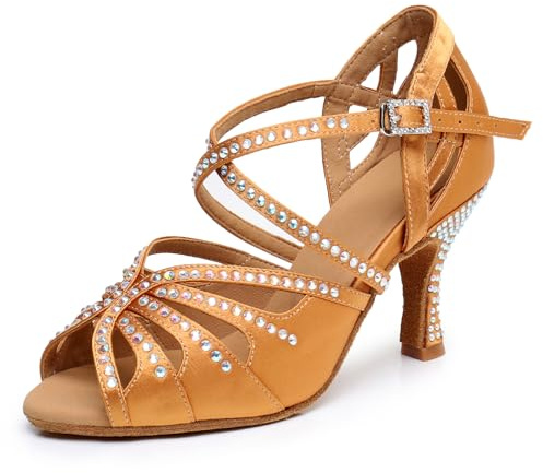 SALUNA Ballroom Dance Shoes For Women – Salsa Latin Dancing Shoes, Professional 3 Inch Ladies Satin Rhinestone Dance Heels, 3＂Mid Heel Suede Sole Tan Size 7
