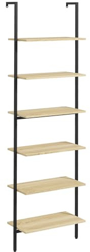 HOMCOM Scaffale scala da parete libreria scaffale portaoggetti stile industriale 6 ripiani in acciaio nero effetto legno naturale - dim. 60L x 30L x 206H cm