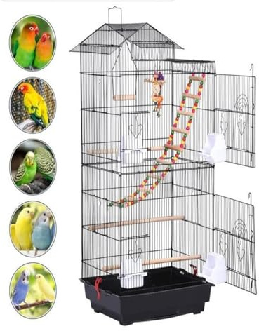 MUL-BOUTIQUE Cage à Oiseaux Volière avec Mangeoires,Cage à Oiseaux Portable en Fil Métallique avec Poignée,Plateau à Tiroirs,Cage à Oiseaux pour Perroquets avec Cloison (Noir, 46 * 35.5 * 99cm)