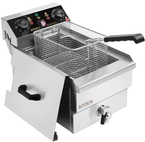 ROVSUN 12.5QT Electric Deep Fryer w/Frying Basket, Timer, Drain, & Lid, Stainless Steel Commercial Countertop Single Tank Oil Fryer, Adjustable Temperature, for French Fries Onion Rings, 1700W