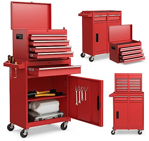 GYMAX Werkstattwagen mit 5 Schubladen, 2 in 1 Werkzeugschrank mit Haken, verstellbarem Regal & Universalrädern, Werkzeugwagen für Garage, Lager & Werkstatt (Rot)