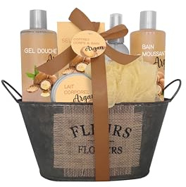 French Tendence – Caja de regalo de bañera vintage – Gel de ducha 300 ml – Baño espumoso 300 ml – Sales de baño 100 g – Flor de ducha – Niebla Corporal 140 ml – Leche Corporal 120 ml – Perfume argán