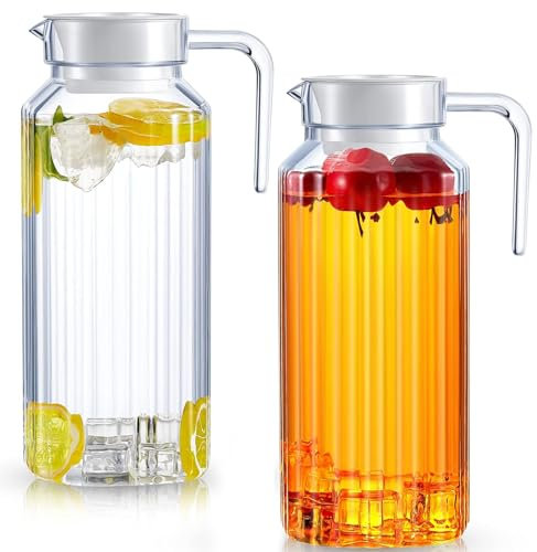 2 Pack 1L Acrylic Pitcher With Lid, BPA-Free & Shatter-Proof, Non Spill Fridge Water Jug, Transparent for Hot/Cold Water, Ice Tea, Coffee, Milk & Juice Beverage