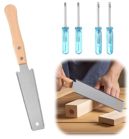 Wonjean Scie Japonaise,Scie Egoine Bois et Jeu de 4 Mini Tournevis Menuiserie Outillage Scie à Main à Tirer Professionnelle Scie Bois à Double Tranchant Légère avec Poignée Ergonomique