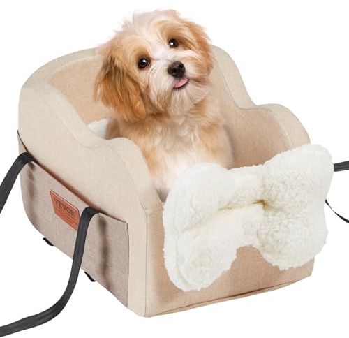 VEVOR Siège d'auto pour Chiens de Petite Taille 3,6 kg, siège rehausseur pour Chien, Laisse à Clipser, Sangles réglables, lit de Voiture sur accoudoir Central pour Animal de Compagnie, Marron Clair