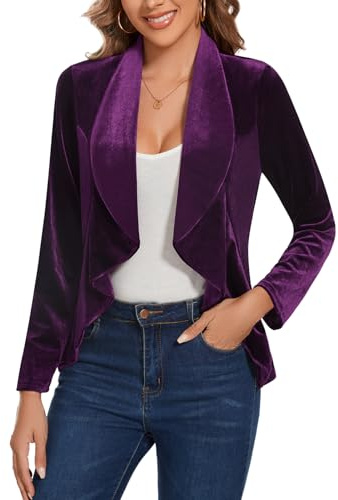 LADI TREND Veste en velours rétro vintage pour femme, blazer ouvert sur le devant à manches longues avec volants, taille régulière non doublée pour les réunions de bureau, les rassemblements sociaux