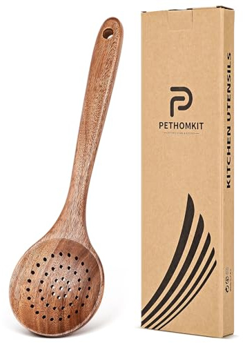 Wooden Cooking Utensil, Teak Slotted Spoon for Cooking, Natural Wood Colander Ladle Spoon with Holes, Long Handle Teak Skimmer Strainer Spoon with Teeth for Straining Draining Egg Meat Noodles,11.2″