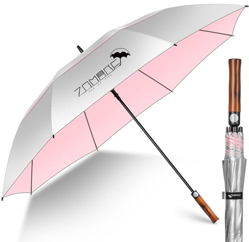 ZOMAKE 62 Tum Stor Vindtät Paraply Stor Upf 50+,XL Golfparaply Solskydd UV Självöppnande Belüftade Med Förlängningsstang,Stormfast Golf Paraply För Sol Regn(Silver-Rosa)