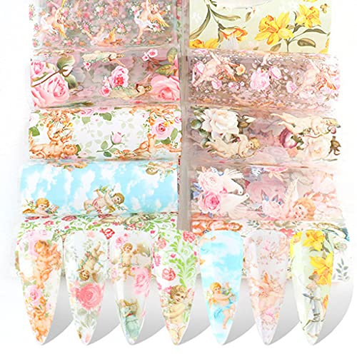 XAGMODSHN Feuilles d'ongles vintage en forme d'ange pour transfert, autocollants, curseurs d'amour, autocollants pour ongles, fleurs, décorations d'ongles