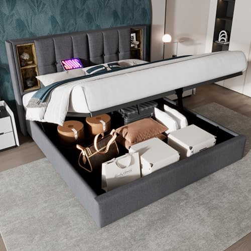 Merax Upholstered King Size Bed, Ottoman Storage Bed Frame With Hydraulic Lever, Wireless Charging(USB Tyep-C), Linen Fabric, Grey/150 x 200cm(No Mattress)