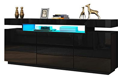 LED Sideboard für Wohnzimmer Hochglanz Buffet Schrank Vitrine 160cm TV Einheit Stand 2 Türen 3 Schubladen TV Lowboard Möbel (Schwarz)