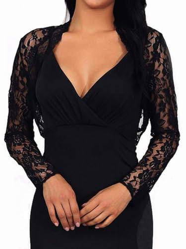 Latious Lace Bolero Shrugs for Dresses Formal Lace Jackets Long Sleeves Bridal Shrug for Women (US, Alpha, Medium, Regular, Regular, Black)