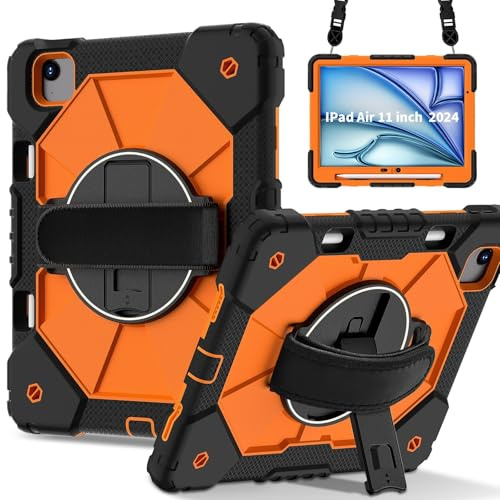 BailiTao fodral kompatibelt med iPad Air 11 (M3 2025/M2 2024) robust skyddande fodral – stöttåligt hybrid hårt skal med stativ och pennhållare (orange)