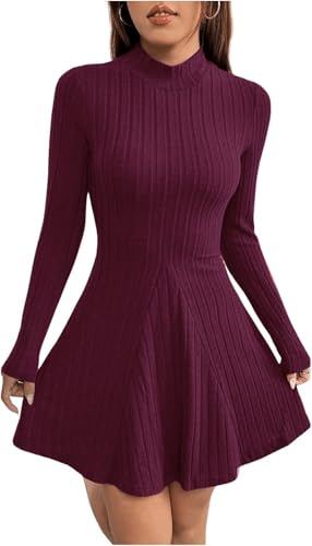 TrendiMax Women's Long Sleeve Mini Dress Ribbed Knit Mock Neck Ruffled A Line Casual Sweater Dresses Wine