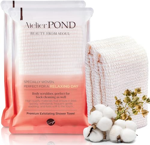 atelier POND Korean Exfoliating Washcloth, 2-Pack – Soft Cotton-Blend Exfoliating Shower Towel for Sensitive Skin, Extra-Long Back Scrubber (Soft Orange)