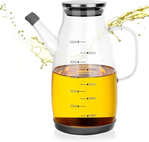 Syzplnwy Dispensador de aceite de vidrio de borosilicato de 1 litro, botella a prueba de fugas con asa y escala de medición, botella de aceite y vinagre de vidrio de alta calidad para cocina, apto