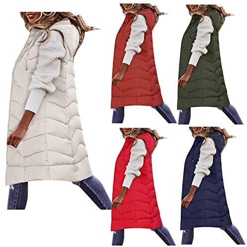 Chaleco acolchado para mujer, chaleco largo sin mangas con capucha, abrigo acolchado con cremallera, abrigo cálido de invierno, chaleco largo con bolsillos, chaleco ligero, otoño invierno 2026, Blanco