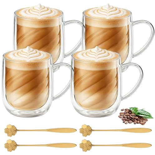 Bcuuozeeing Set med 4 latte macchiato-glas dubbelväggiga 401–500 ml kaffeglas med handtag och skedar, glas-kaffekopp för latte, cappuccino, tepåsar, varma och kalla drycker