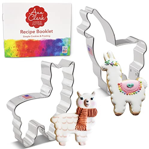 Ann Clark Cookie Cutters Juego de 2 cortadores de galletas llama/alpaca con libro de recetas - Acero fabricado en EE. UU.