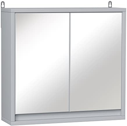 HOMCOM Bathroom Mirror Cabinet Wall Mounted Storage Shelf Bathroom Cupboard Double Door, Grey