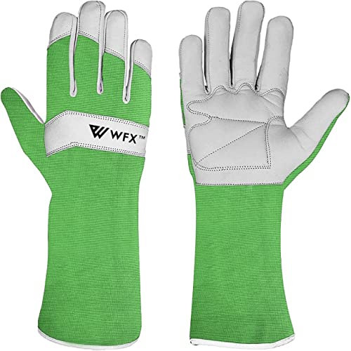 WFX Lange Gartenhandschuhe aus Leder für Damen, Herren, Damen, langlebig, Ziegenleder, Gartenhandschuhe, Unterarmschutz, dornensicher, Gärtnerarbeit, Rosenbeschneide, Geschenk (Grün, L)