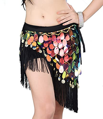 ZLTdream Sequin Belly Dance Hip Scarf Glitter Triangle Wrap Dancing Sparkle Mermaid Skirt for Dancer Outfit Tassel Color Blue