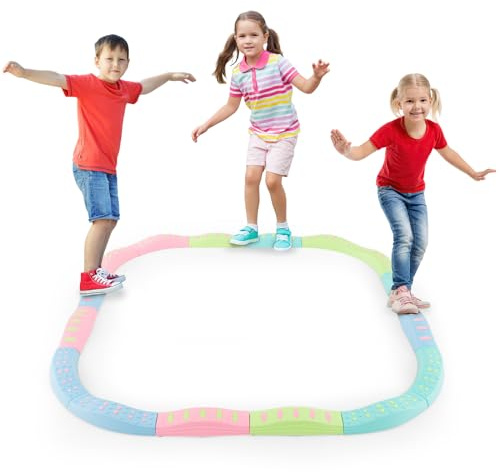 GOPLUS 20PCs Pont Équilibre Enfants, Parcours de Motricité Obstacles Surface Texturée Courbée et Patins Antidérapants, pour 4 Tout-Petits Intérieur & Extérieur, Garçons & Filles de 3 Ans+(Vert)