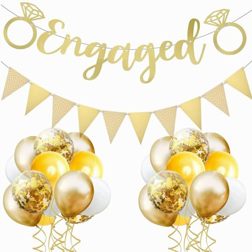 Engagement Party Decorations with Congratulations Banner and Gold Confetti Balloons - 22Pcs Banners and Signs Personalised,Gold Bunting for Engagement Decorations, Wedding, Proposal Engagement Party