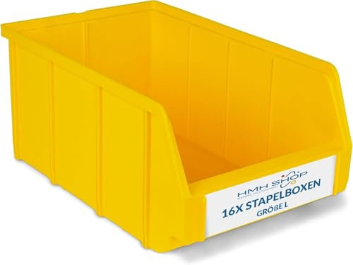 HMH 16x Stapelboxen Größe L Werkstatt Garage Keller Sichtlagerboxen 335x209x152mm Lagerboxen GELB Sichtlagerkästen Kleinteile Aufbewahrung