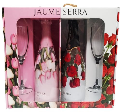 Estuche cava para regalar con copas, 2 botellas de cava Jaume Serra 1 brute y uno rosado y 2 copas de cristal en estuche regalo diseño floreado.