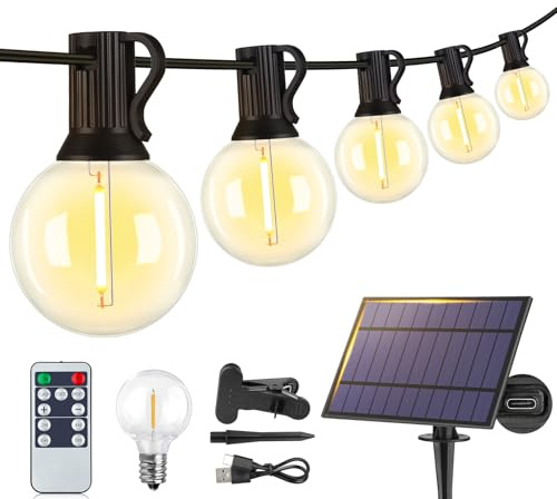 Larkvue 25FT Solar String Lights Outdoor with Remote, Waterproof Dimmable 3 Modes Patio Lights with 10+1 LED Shatterproof G40 Bulbs for Backyard-Black