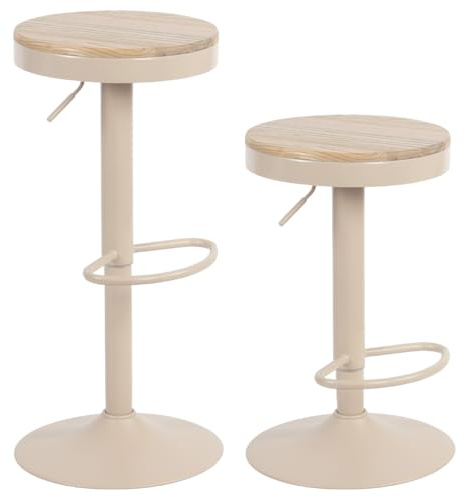 YOUNIKE Taburete de Bar Juego de 2 Taburetes de Bar de Madera Silla de Bar Alta Estructura Metálica Giratoria 360° con Reposapiés Industrial Caqui