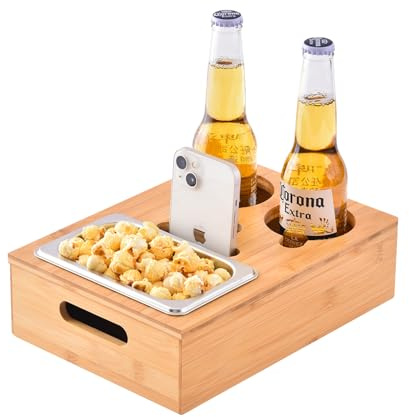 Couchbar Snackbox, Snackspender mit Snackschale, Bambus Sofatablett für Sofa, Deko, Couch Bar mit Getränkehalter, Abnehmbarer Deckel, Snackbox mit Fächern, Couch Organizer Tablett, Sofa Butler