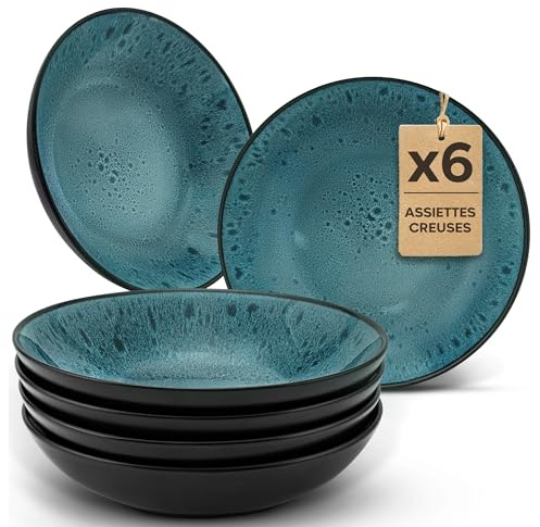 Twinzee Servizio Piatti Moderni 6 Piatti Fondi in Gres 6 per 6 Persone - Compatibile con Microonde - Riviera Collection