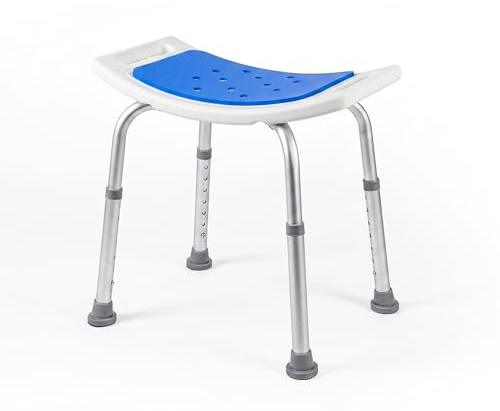 Mobiclinic®, Taburete de Baño, Altura Regulable 42 a 57,5 cm, Asiento de EVA Pad Antideslizante, Ligera, Agujeros Drenaje, Conteras Antideslizantes, Diseño ergonómico Curvado, Aluminio, Santana