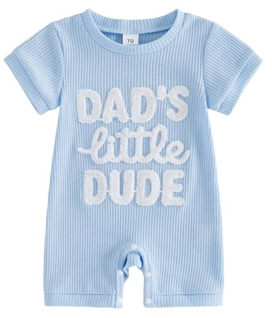 Yigubigu Newborn Baby Boys Summer Romper Letter Embroidered Short Sleeve Jumpsuit Round Neck Playsuit Waffle Bodysuit (Blue, 0-3 Months)
