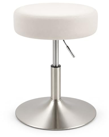 Relaxdays, Tabouret Maquillage, réglable, pivotant, Blanc/Argent | H x P : 42–57 x 38,5 cm, polaire et métal, pouf rembourré