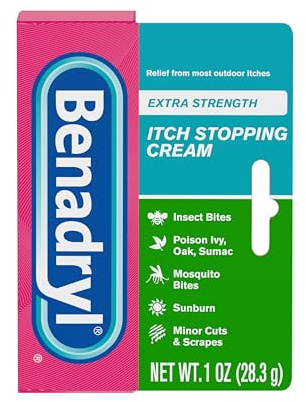 Benadryl Extra Strength Itch Stopping Cream, Topical Analgesic Cream with Diphenhydramine HCl & Zinc Acetate Skin Protectant, Anti-Itch Ointment for Insect Bite & Sunburn Relief, 1 oz