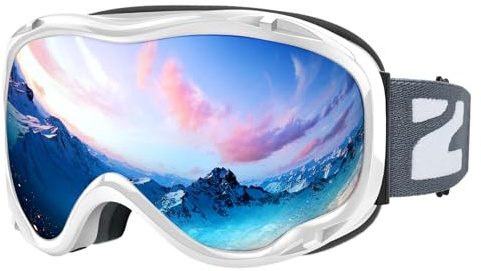 ZIONOR Lagopus Ski Snowboard Goggles UV Protection Anti fog Snow Goggles for Men Women Adult Youth VLT 8.6% White Frame Silver Lens