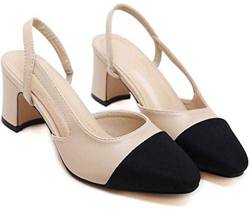 LAIYUTING Femmes élégantes Bloc de Talon Slingback Cuir Souple Sandale Pompes habillées