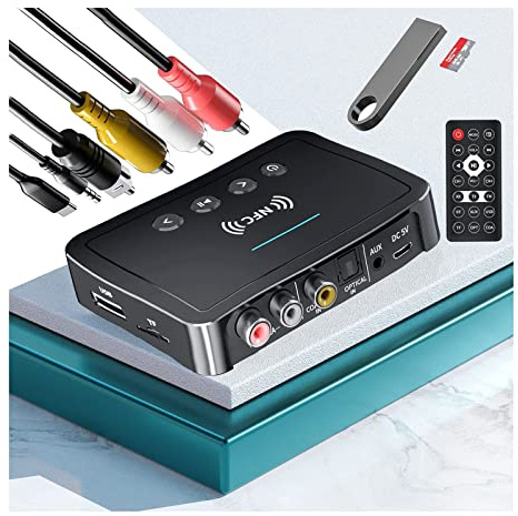 POMME Bluetooth 5.0 Adapter 3 in 1 NFC Audio Transmitter Receiver, 3.5mm AUX/RCA USB for Music System, PC/TV/Home/Car, Black