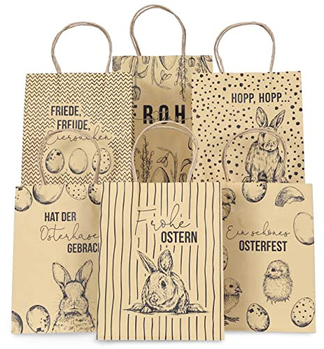 Papierdrachen 6 bedruckte Henkeltüten zu Ostern - Packpapier Schwarz - 22,5x18x8cm - 6 zusätzliche Postkarten - Geschenkverpackung - Geschenktüten zum Befüllen - Alternatives Osternest - Set 1