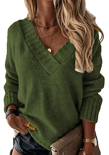 Minetom Femme Pull en Tricot Col en V Pullover Couleur Unie Léger Casual Manches Longues Pull Tricoté Chaud Hauts Chandail Automne Hiver A Vert M