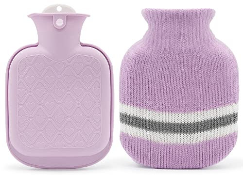 Hot Water Bottle with Knitted Cover, 300ml Small Hot Water Bag for Pain Relief, Back, Neck and Shoulders, Mini Hot Water Bottle with Removable and Washable Soft Cover, Best Gift for Women, Kids