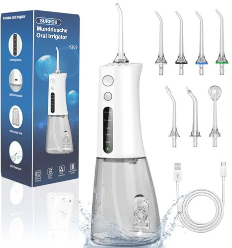 SURFOU Munddusche Kabellos Water Flosser for Teeth, Elektrische Wasserflosser für Zähne Oral Irrigator Zahndusche Wasser Zahnreiniger, Zahnzwischenraumreiniger Elektrisch Zahnseide
