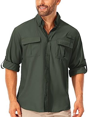 mosingle Men's Safari Shirt Long Sleeve UV Protection Sun Shirts | Quick Drying, Lightweight, Walking Clothing for Travel, Fishing, Outdoor, Trekking, Zip Pockets