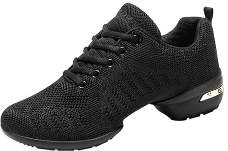 Dansskor för kvinnor | jazzskor dam danssneakers | andningsbara lätta promenadskor med delad sula | fitness gymnastik cheerleading, tränare, Svart, 38 EU