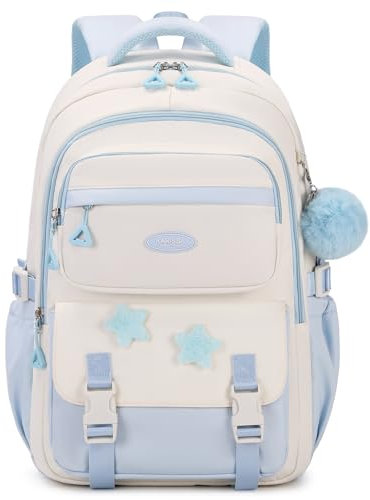 Amythe Cartable Fille Primaire, Sac à Dos pour Enfant CM1 CM2, Sac Ecole Collège avec Pendentif Pompon, Sac D'école Décontracté pour Filles de 9 à 16 Ans, Convient aux Chariot, Bleu